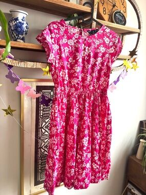 Lands' End Kids Hot Pink Floral Cap-Sleeve Dress girls size 14